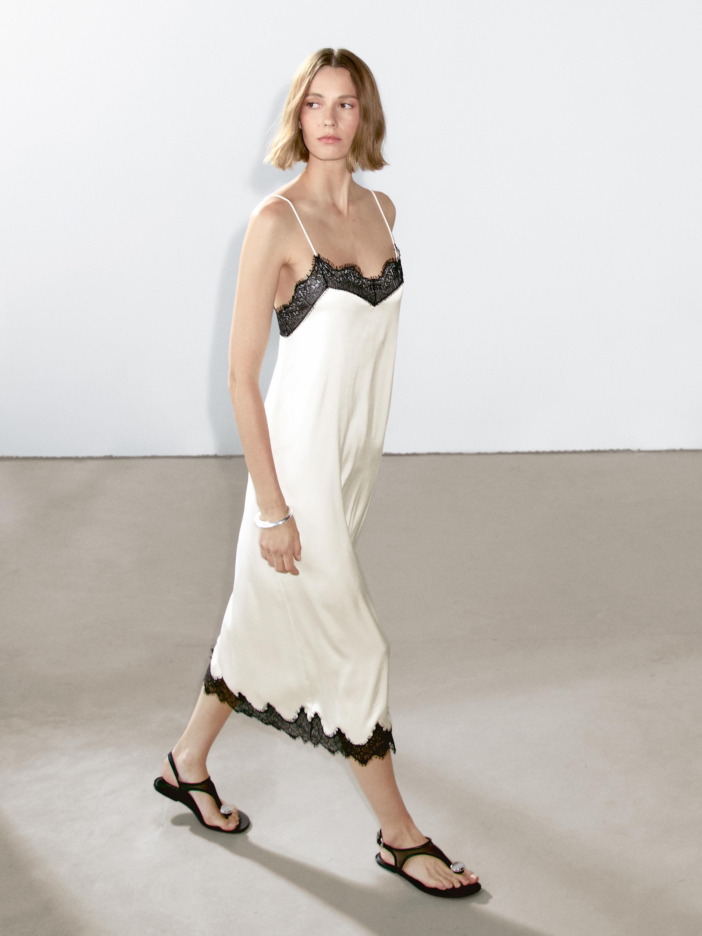 Contrast lace-trimmed midi dress